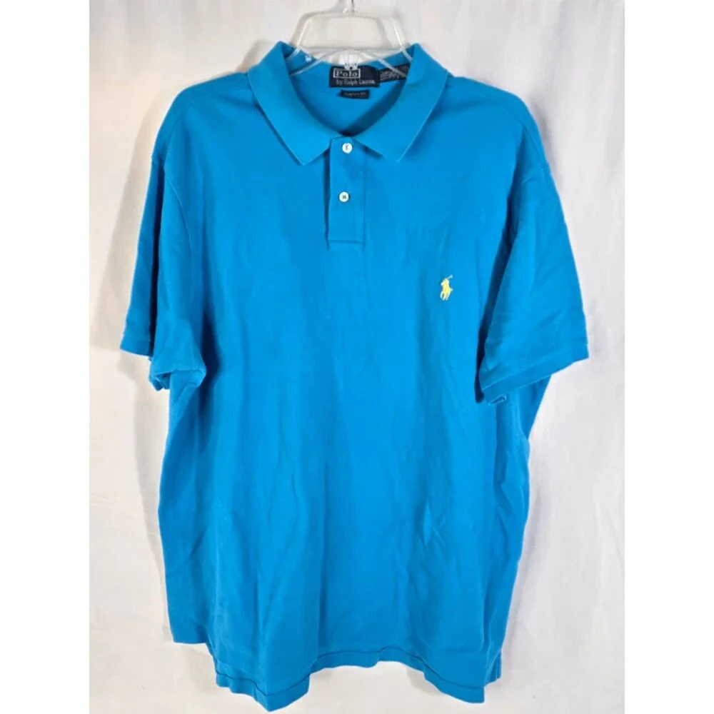 Polo Ralph Lauren Polo Shirt Men's 2XL Solid Blue Short Sleeve Yellow Pony